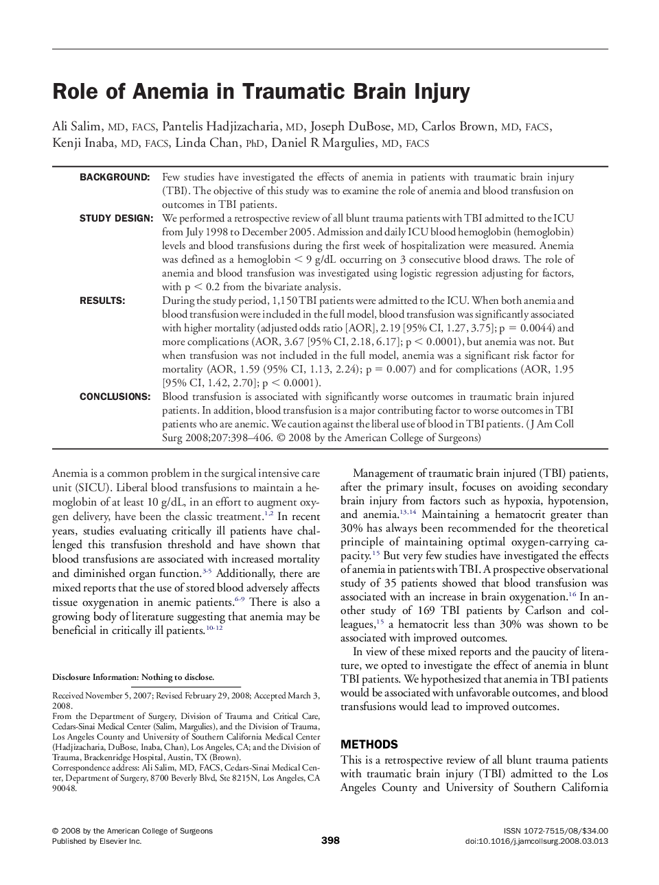 Role of Anemia in Traumatic Brain Injury 