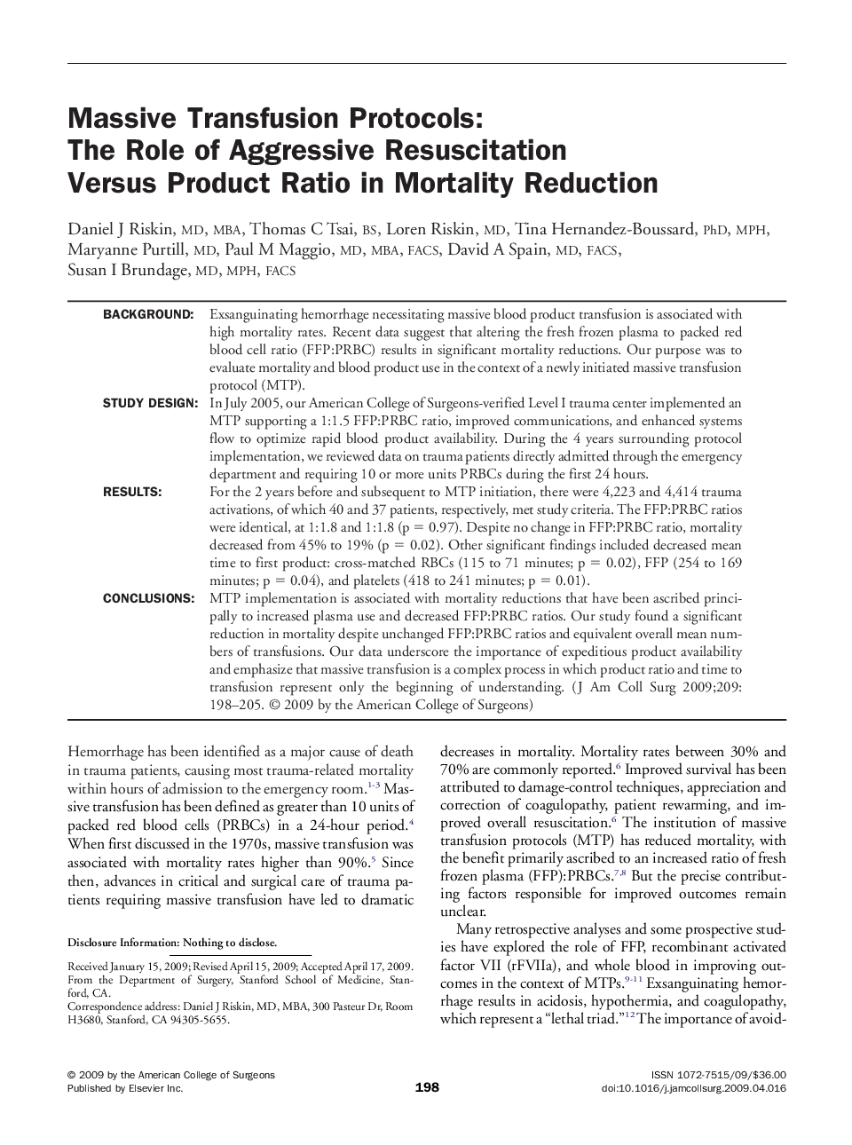 Massive Transfusion Protocols: The Role of Aggressive Resuscitation Versus Product Ratio in Mortality Reduction 