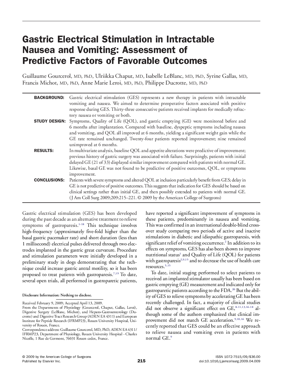 Gastric Electrical Stimulation in Intractable Nausea and Vomiting: Assessment of Predictive Factors of Favorable Outcomes 