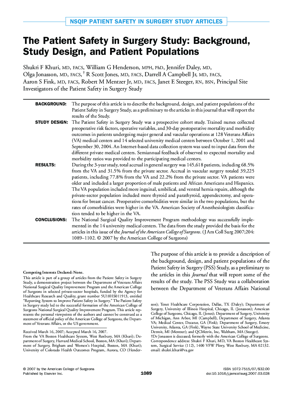 The Patient Safety in Surgery Study: Background, Study Design, and Patient Populations 
