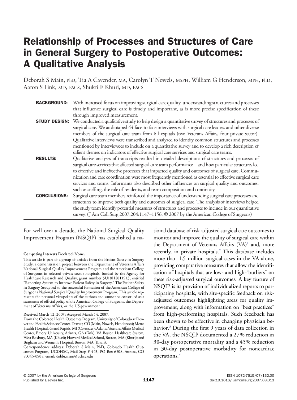 Relationship of Processes and Structures of Care in General Surgery to Postoperative Outcomes: A Qualitative Analysis 