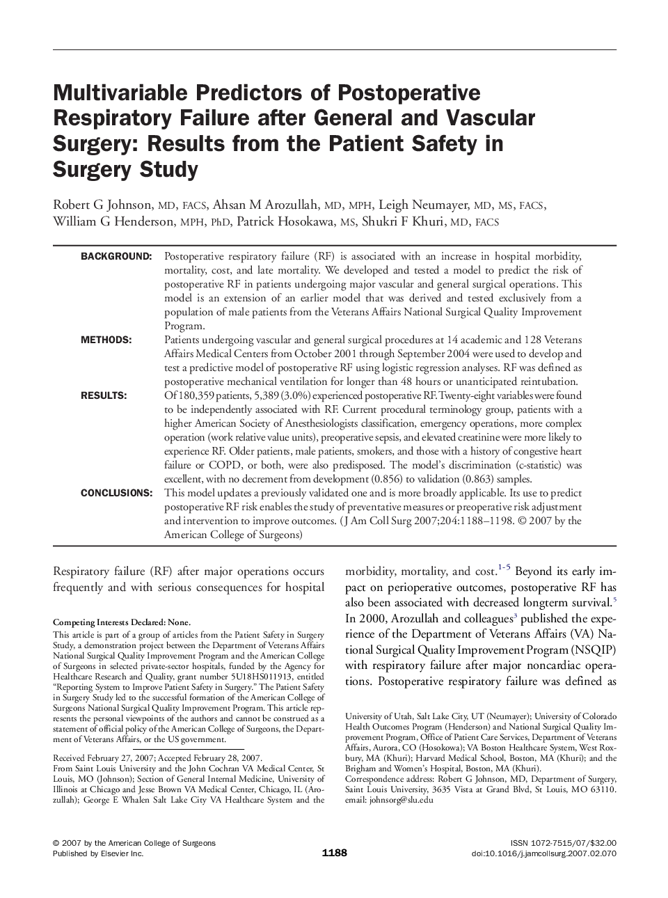 Multivariable Predictors of Postoperative Respiratory Failure after General and Vascular Surgery: Results from the Patient Safety in Surgery Study 