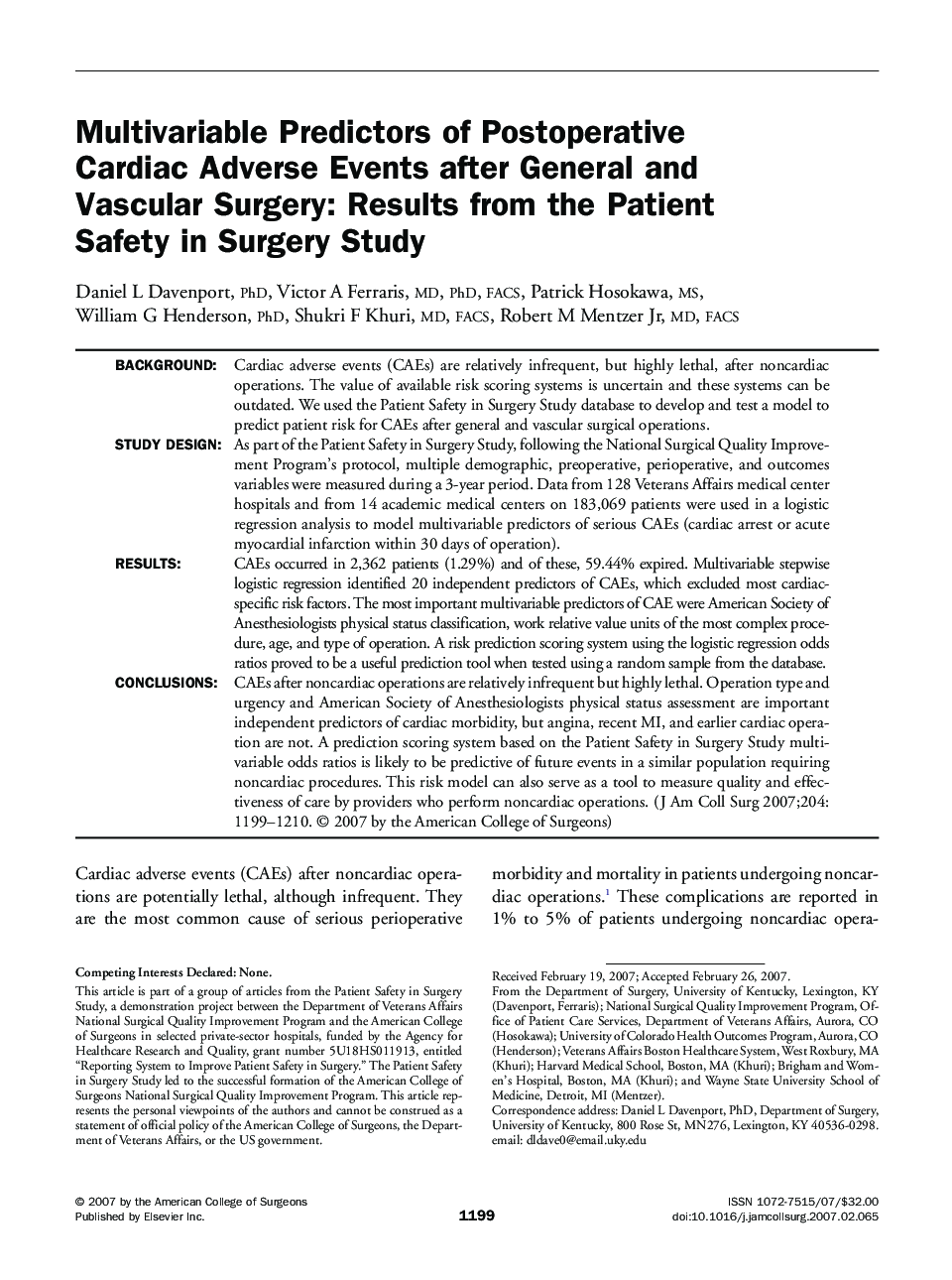 Multivariable Predictors of Postoperative Cardiac Adverse Events after General and Vascular Surgery: Results from the Patient Safety in Surgery Study 