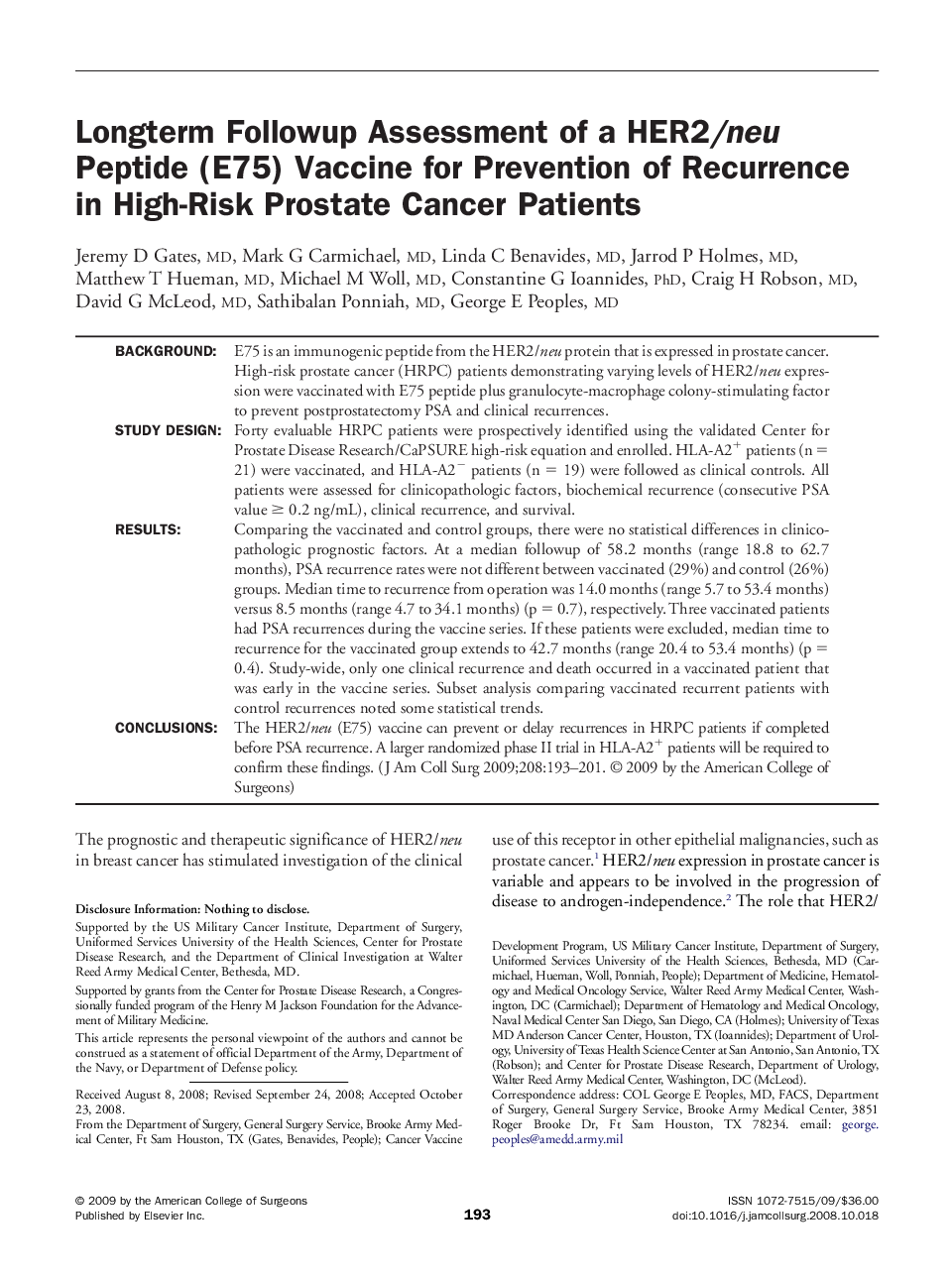 Longterm Followup Assessment of a HER2/neu Peptide (E75) Vaccine for Prevention of Recurrence in High-Risk Prostate Cancer Patients 