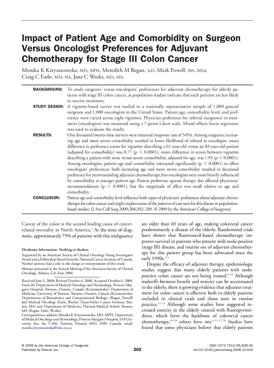 عکس صفحه اول مقاله: Impact of Patient Age and Comorbidity on Surgeon Versus Oncologist Preferences for Adjuvant Chemotherapy for Stage III Colon Cancer Impact of Patient Age and Comorbidity on Surgeon Versus Oncologist Preferences for Adjuvant Chemotherapy for Stage III Colon Cancer