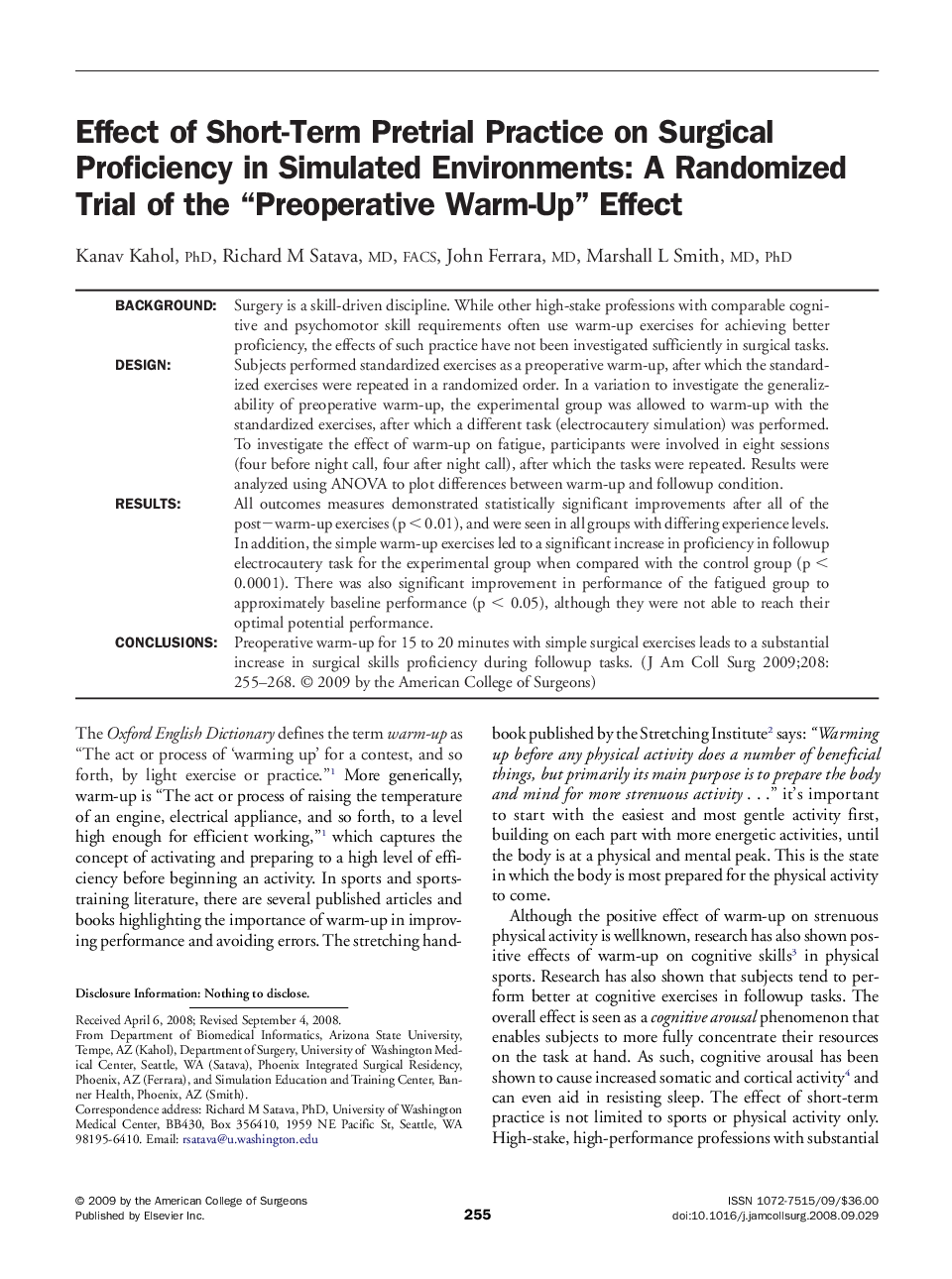 Effect of Short-Term Pretrial Practice on Surgical Proficiency in Simulated Environments: A Randomized Trial of the “Preoperative Warm-Up” Effect 