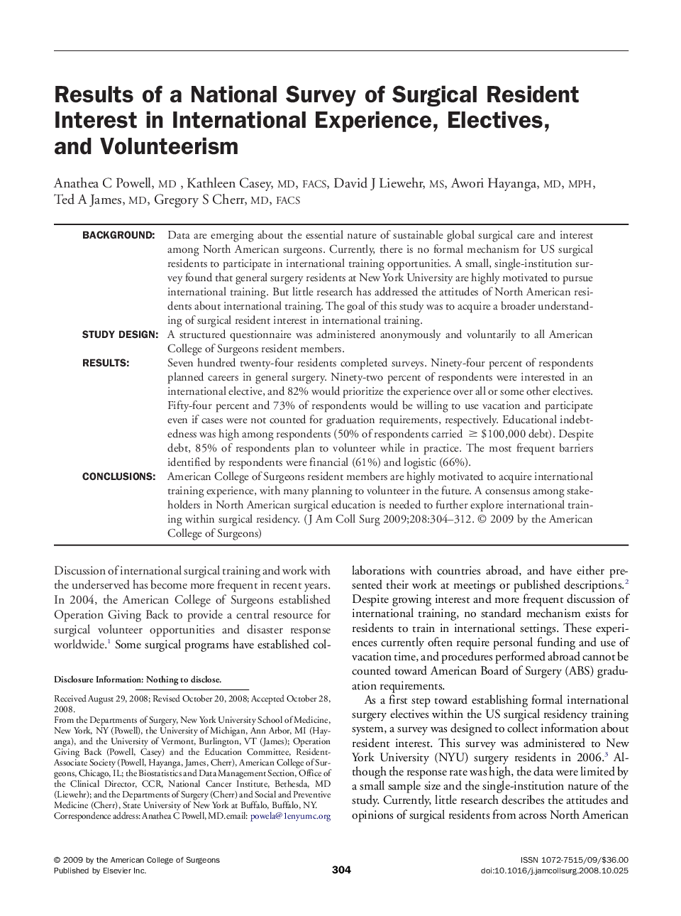 Results of a National Survey of Surgical Resident Interest in International Experience, Electives, and Volunteerism 