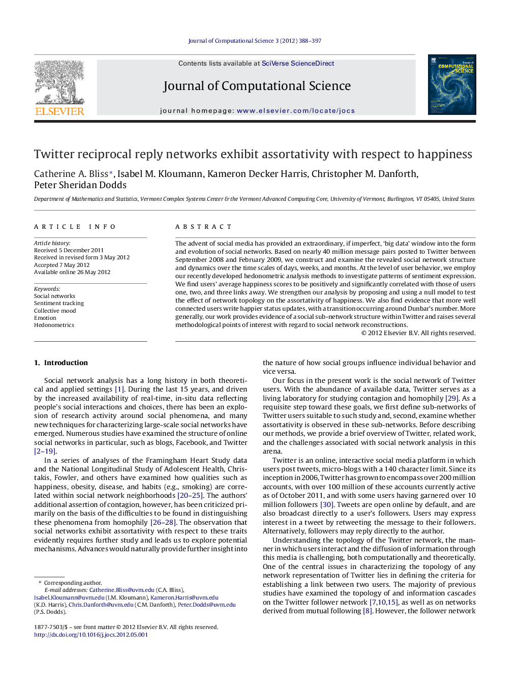 Twitter reciprocal reply networks exhibit assortativity with respect to happiness