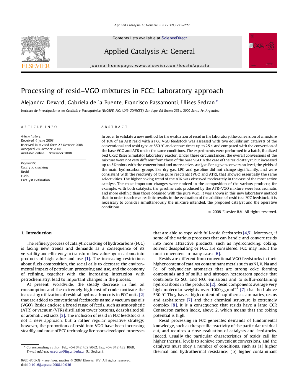 Processing of resid–VGO mixtures in FCC: Laboratory approach