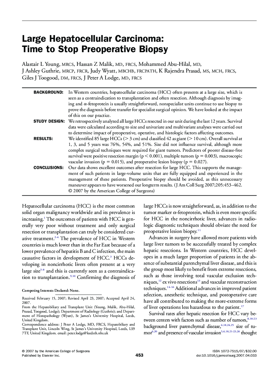 Large Hepatocellular Carcinoma: Time to Stop Preoperative Biopsy