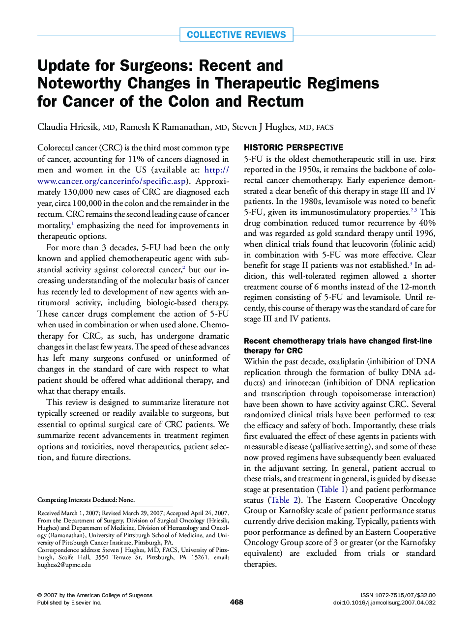 Update for Surgeons: Recent and Noteworthy Changes in Therapeutic Regimens for Cancer of the Colon and Rectum