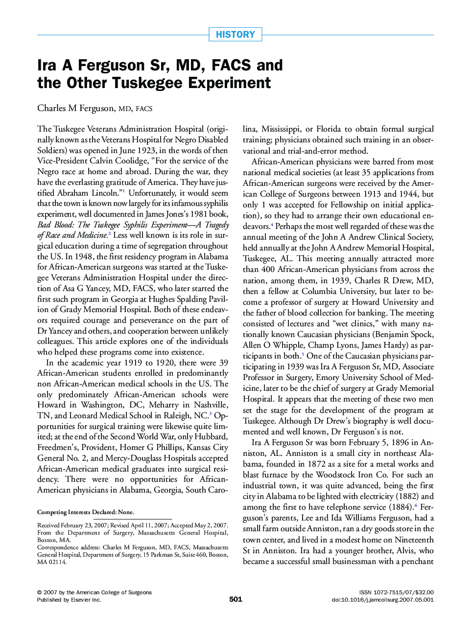 عکس صفحه اول مقاله: Ira A Ferguson Sr, MD, FACS and the Other Tuskegee Experiment Ira A Ferguson Sr, MD, FACS and the Other Tuskegee Experiment