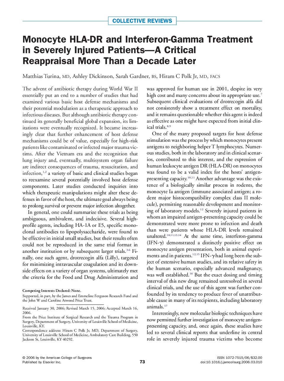 Monocyte HLA-DR and Interferon-Gamma Treatment in Severely Injured Patients-A Critical Reappraisal More Than a Decade Later