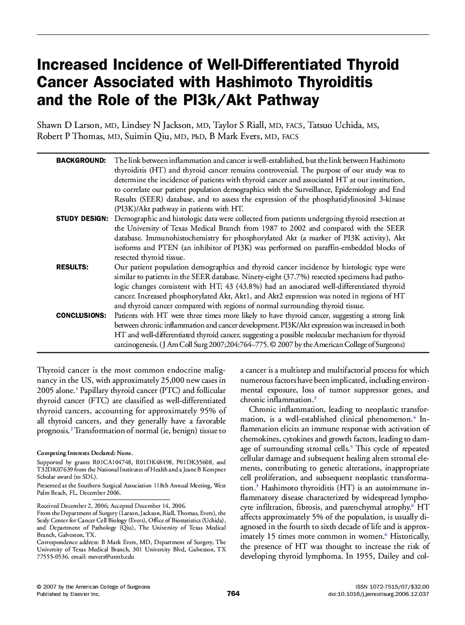 Increased Incidence of Well-Differentiated Thyroid Cancer Associated with Hashimoto Thyroiditis and the Role of the PI3k/Akt Pathway 