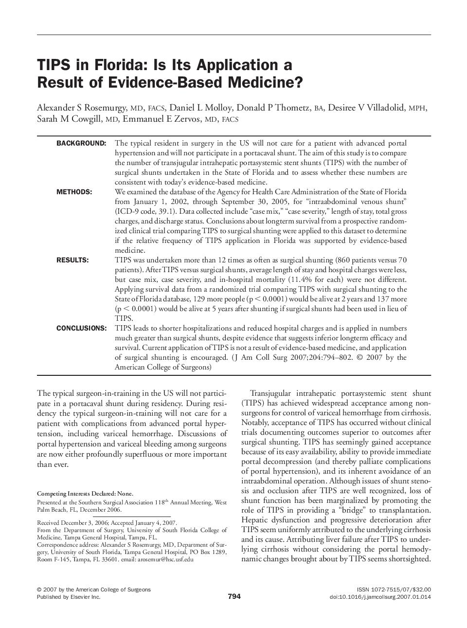 TIPS in Florida: Is Its Application a Result of Evidence-Based Medicine? 