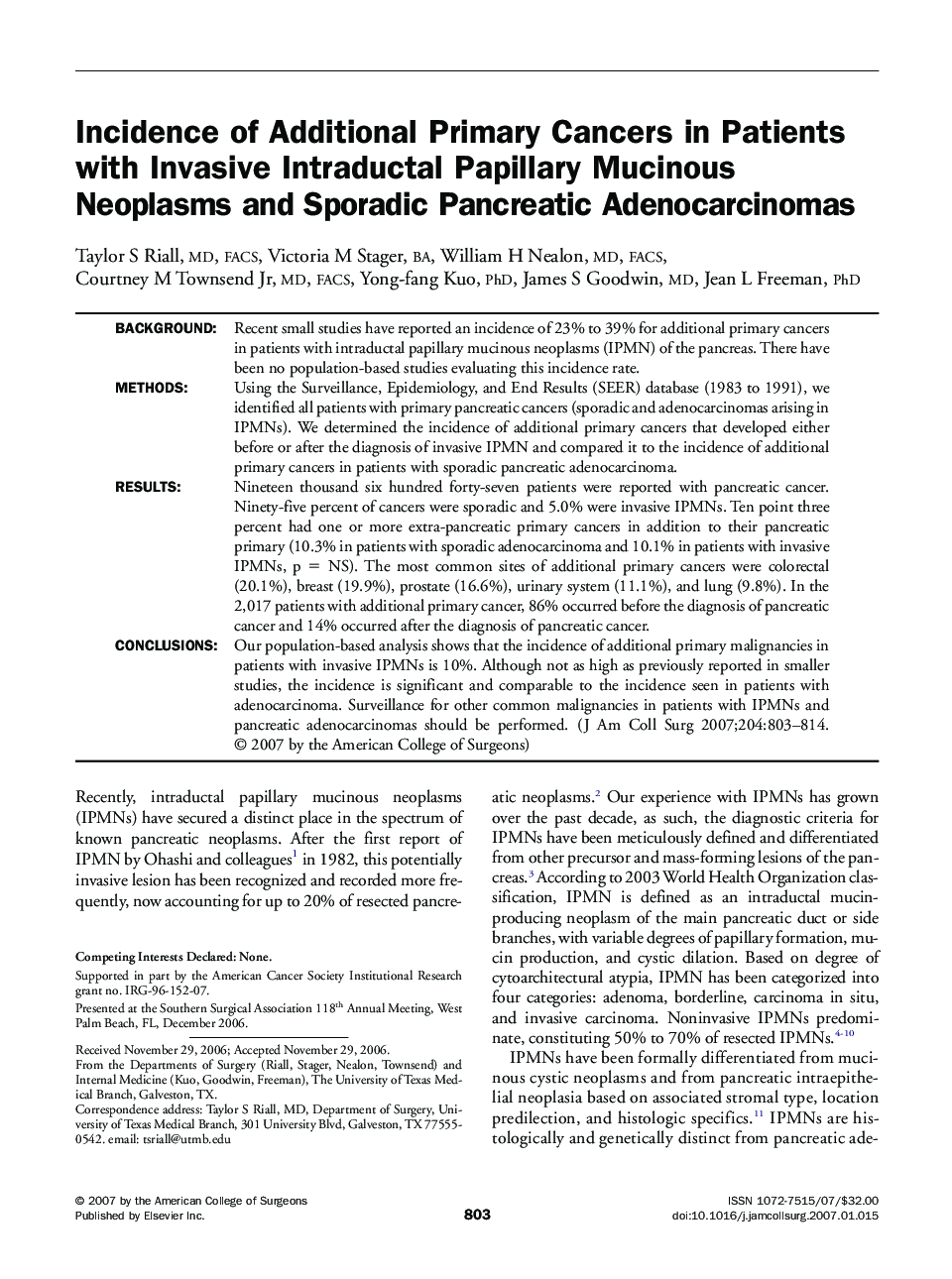 Incidence of Additional Primary Cancers in Patients with Invasive Intraductal Papillary Mucinous Neoplasms and Sporadic Pancreatic Adenocarcinomas 