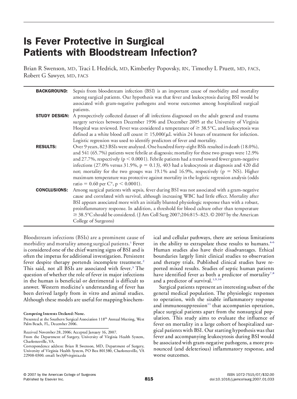 Is Fever Protective in Surgical Patients with Bloodstream Infection? 