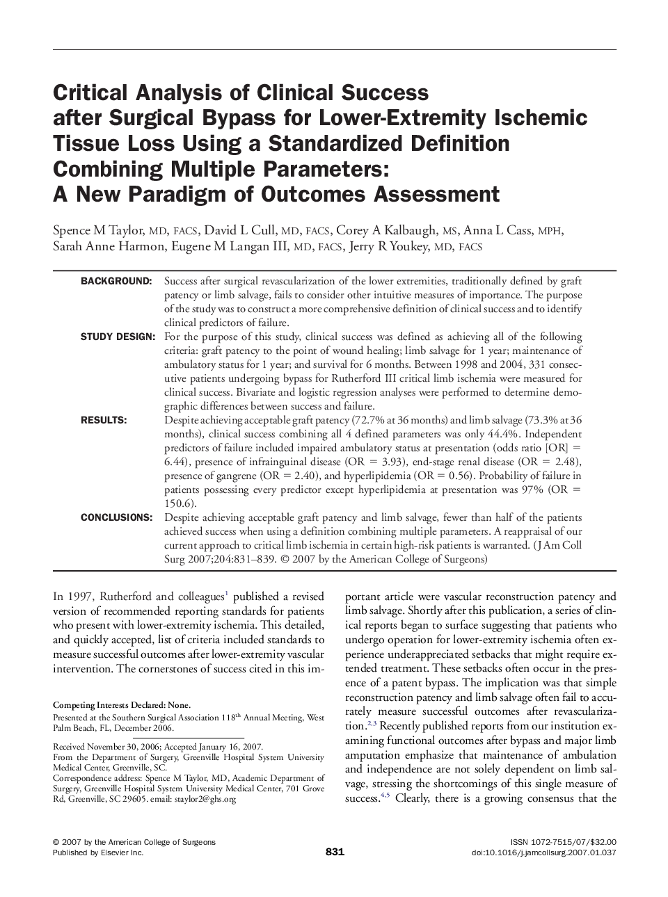 Critical Analysis of Clinical Success after Surgical Bypass for Lower-Extremity Ischemic Tissue Loss Using a Standardized Definition Combining Multiple Parameters: A New Paradigm of Outcomes Assessment 