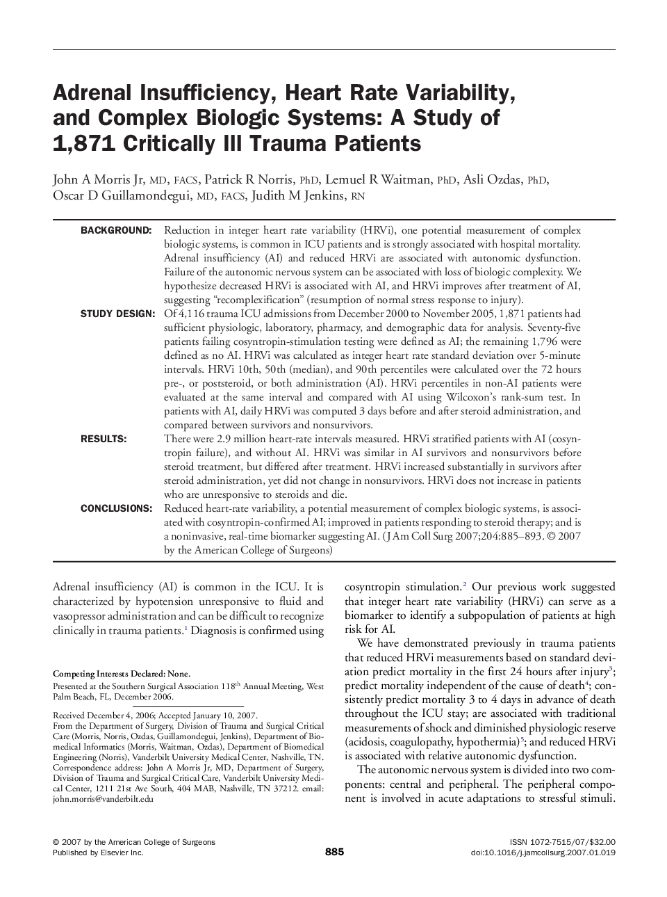 Adrenal Insufficiency, Heart Rate Variability, and Complex Biologic Systems: A Study of 1,871 Critically Ill Trauma Patients 