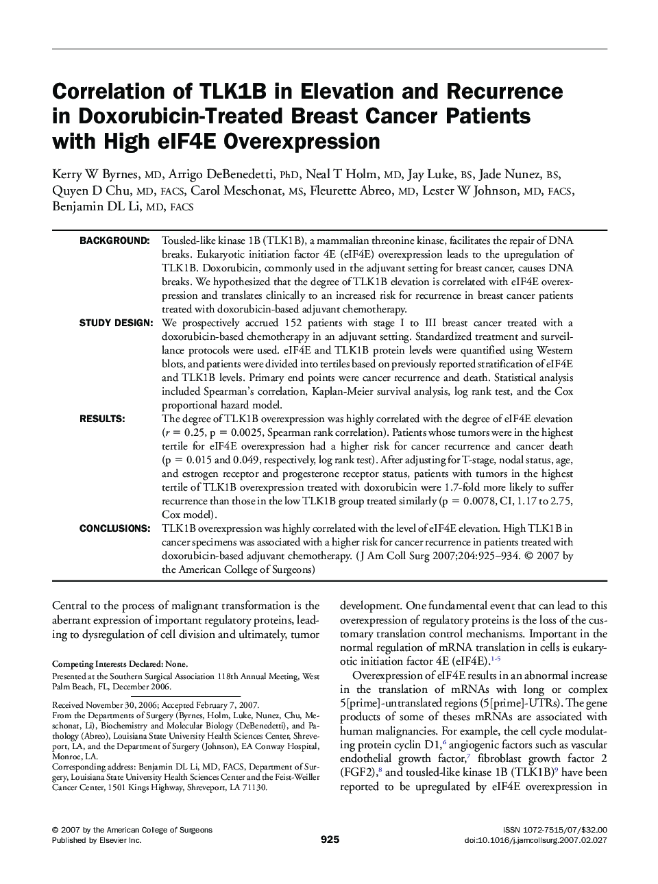 Correlation of TLK1B in Elevation and Recurrence in Doxorubicin-Treated Breast Cancer Patients with High eIF4E Overexpression 