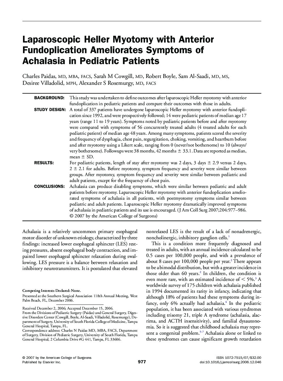 Laparoscopic Heller Myotomy with Anterior Fundoplication Ameliorates Symptoms of Achalasia in Pediatric Patients 