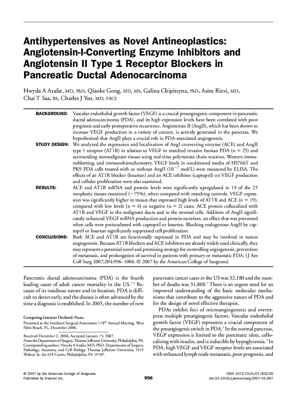 Antihypertensives as Novel Antineoplastics: Angiotensin-I-Converting Enzyme Inhibitors and Angiotensin II Type 1 Receptor Blockers in Pancreatic Ductal Adenocarcinoma 