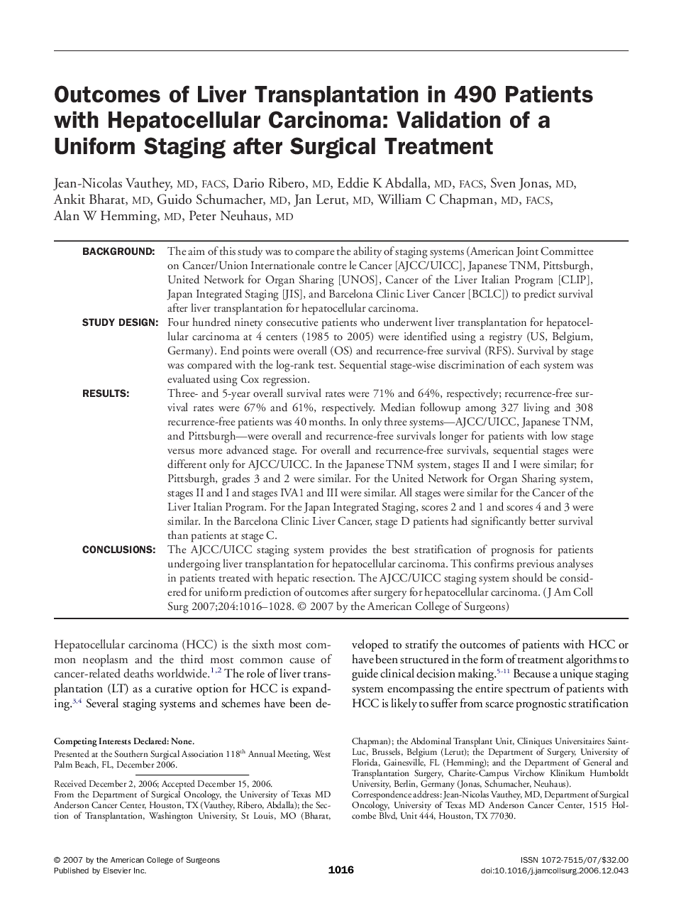 Outcomes of Liver Transplantation in 490 Patients with Hepatocellular Carcinoma: Validation of a Uniform Staging after Surgical Treatment 