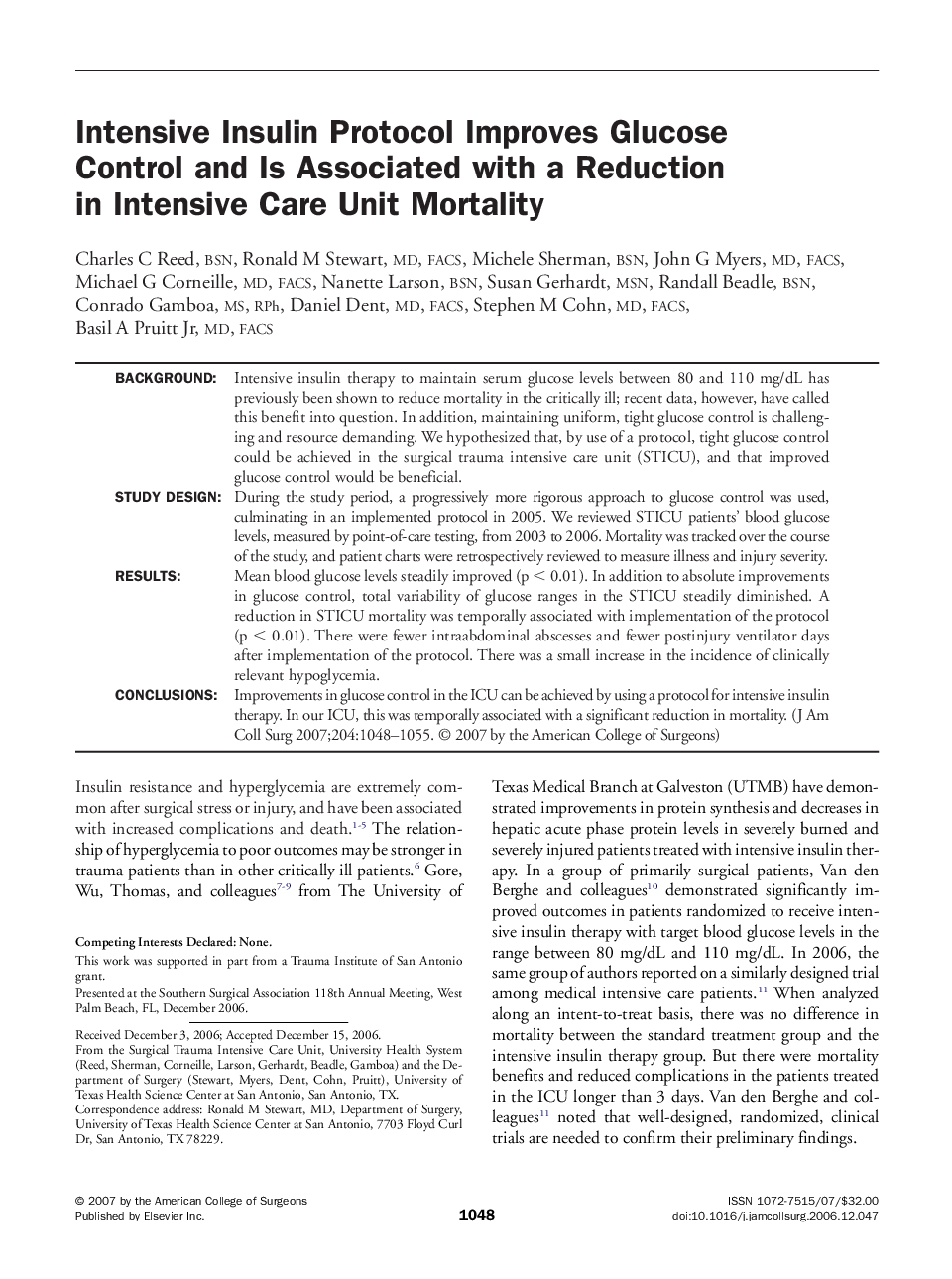 Intensive Insulin Protocol Improves Glucose Control and Is Associated with a Reduction in Intensive Care Unit Mortality 