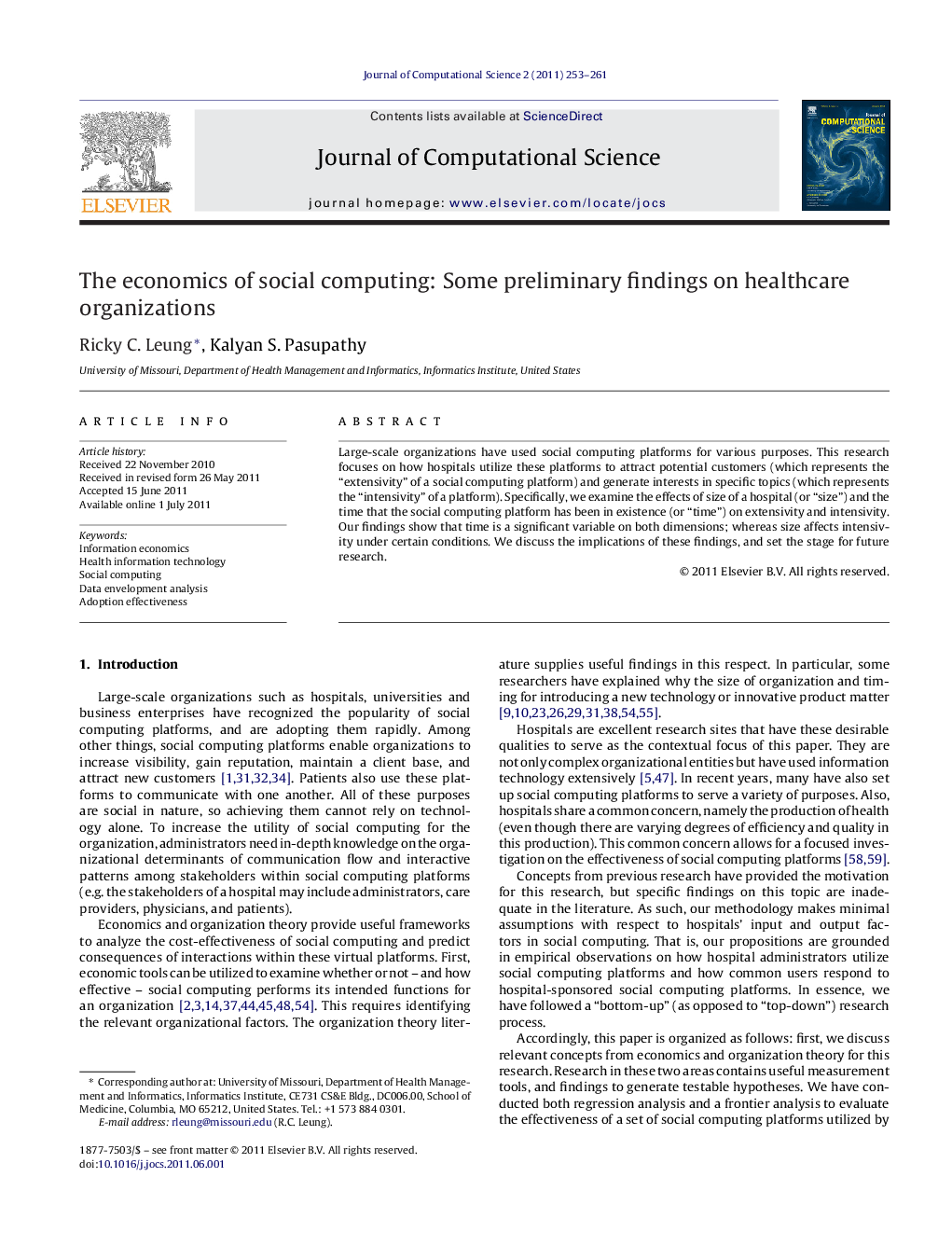 The economics of social computing: Some preliminary findings on healthcare organizations