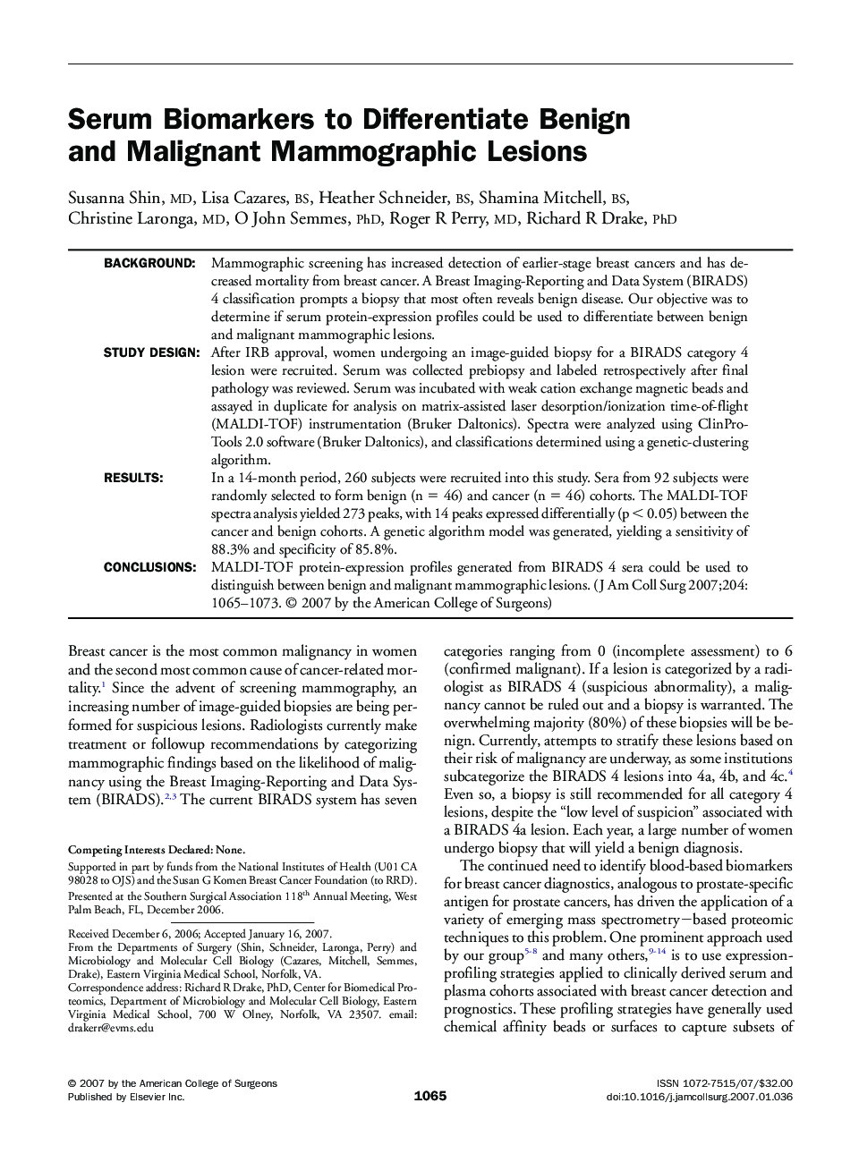 Serum Biomarkers to Differentiate Benign and Malignant Mammographic Lesions 