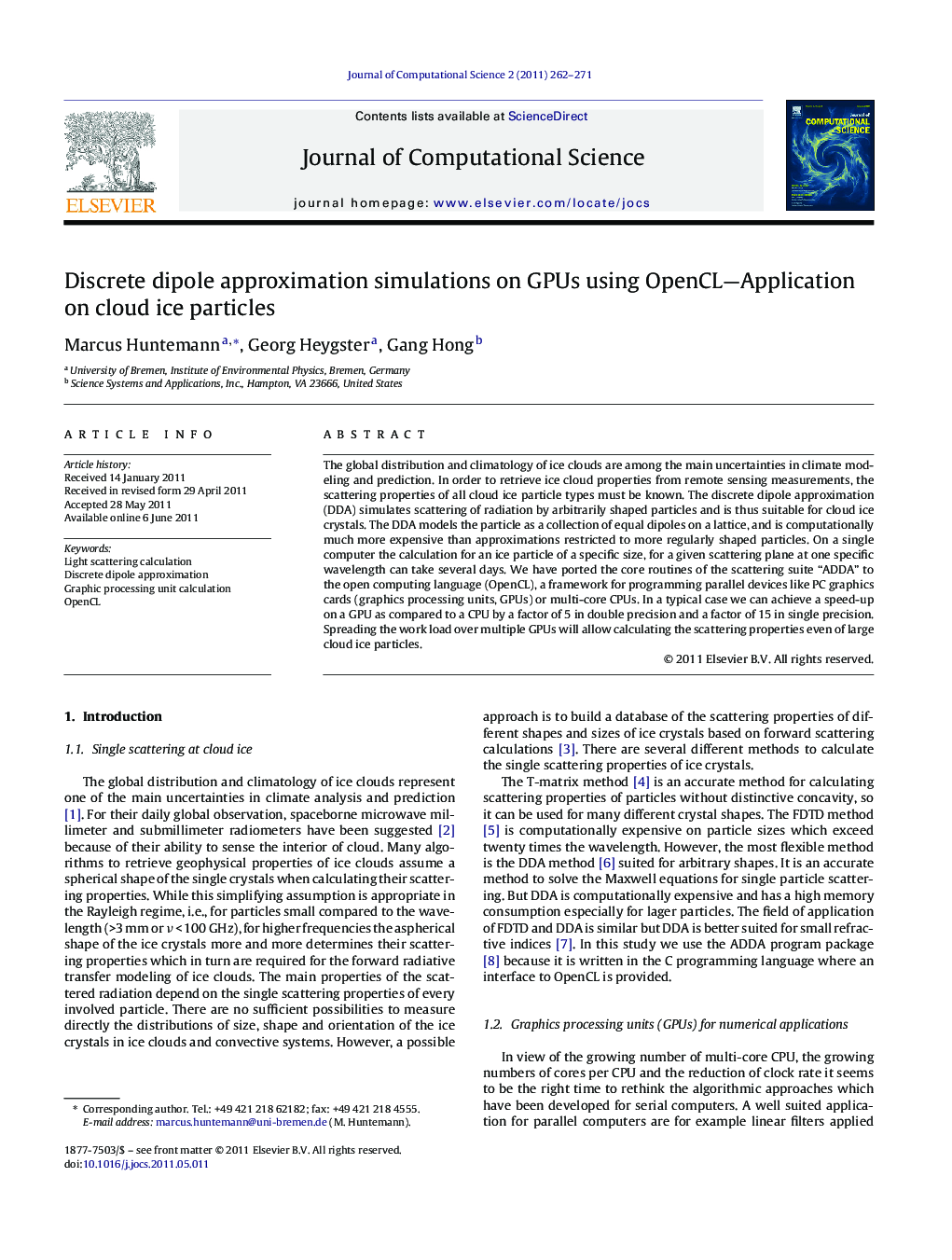 Discrete dipole approximation simulations on GPUs using OpenCL—Application on cloud ice particles