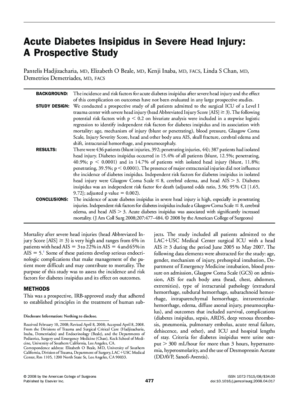 Acute Diabetes Insipidus in Severe Head Injury: A Prospective Study 