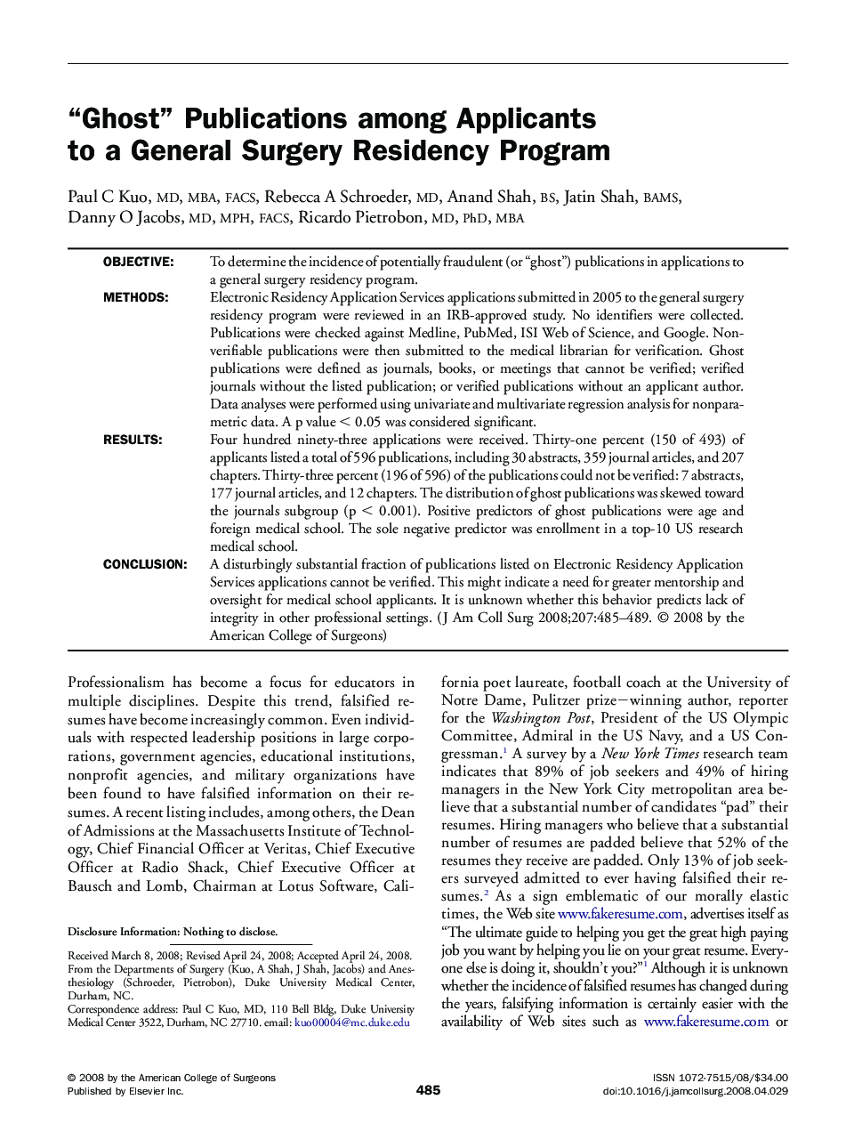 “Ghost” Publications among Applicants to a General Surgery Residency Program 