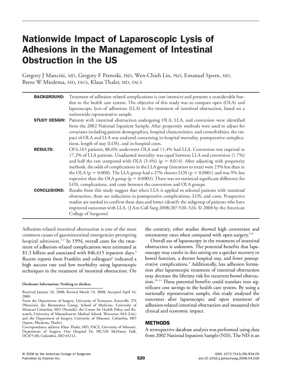 Nationwide Impact of Laparoscopic Lysis of Adhesions in the Management of Intestinal Obstruction in the US 