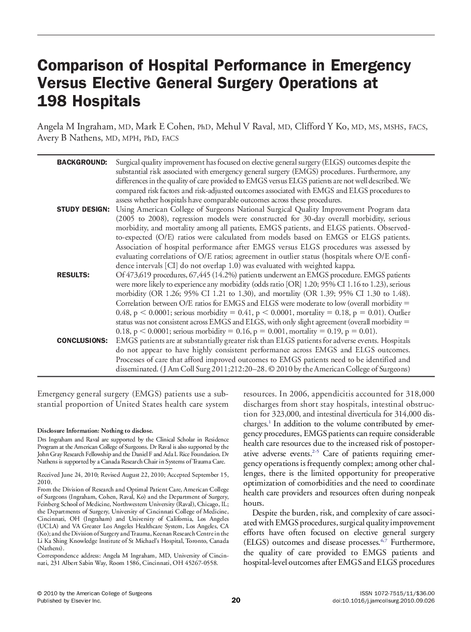 Comparison of Hospital Performance in Emergency Versus Elective General Surgery Operations at 198 Hospitals