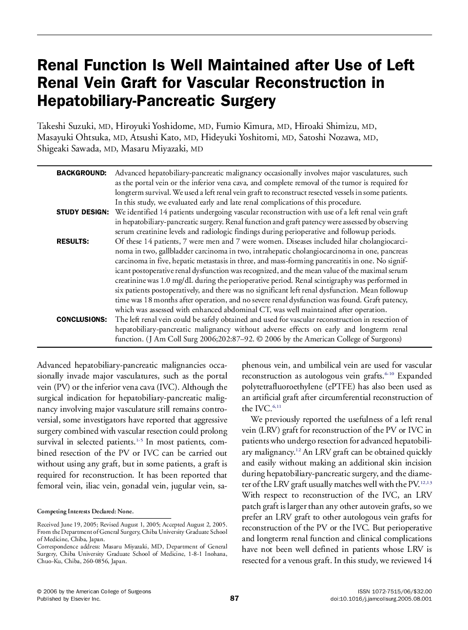 Renal Function Is Well Maintained after Use of Left Renal Vein Graft for Vascular Reconstruction in Hepatobiliary-Pancreatic Surgery 