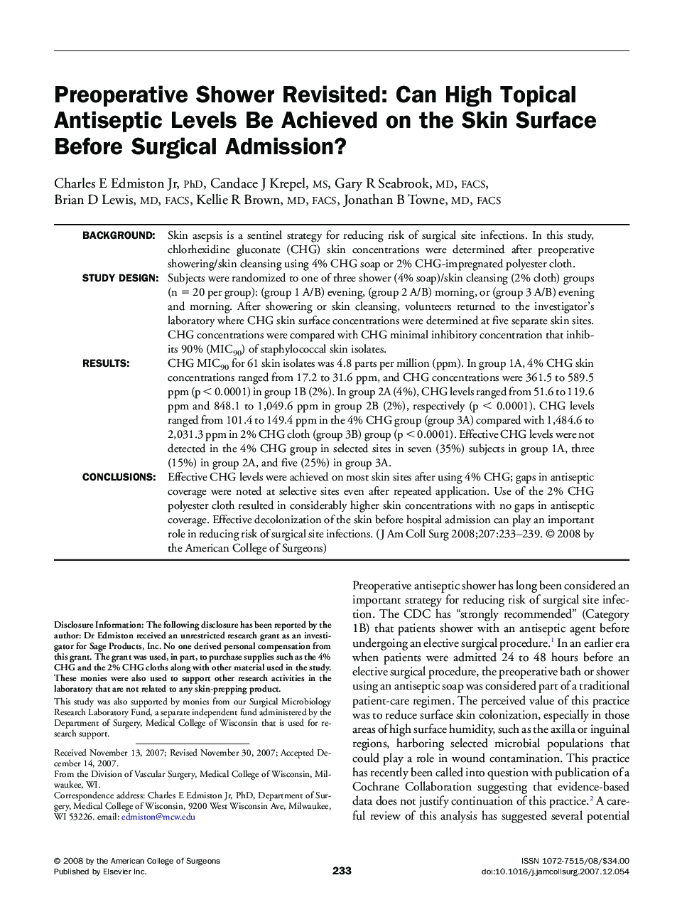 Preoperative Shower Revisited: Can High Topical Antiseptic Levels Be Achieved on the Skin Surface Before Surgical Admission? 