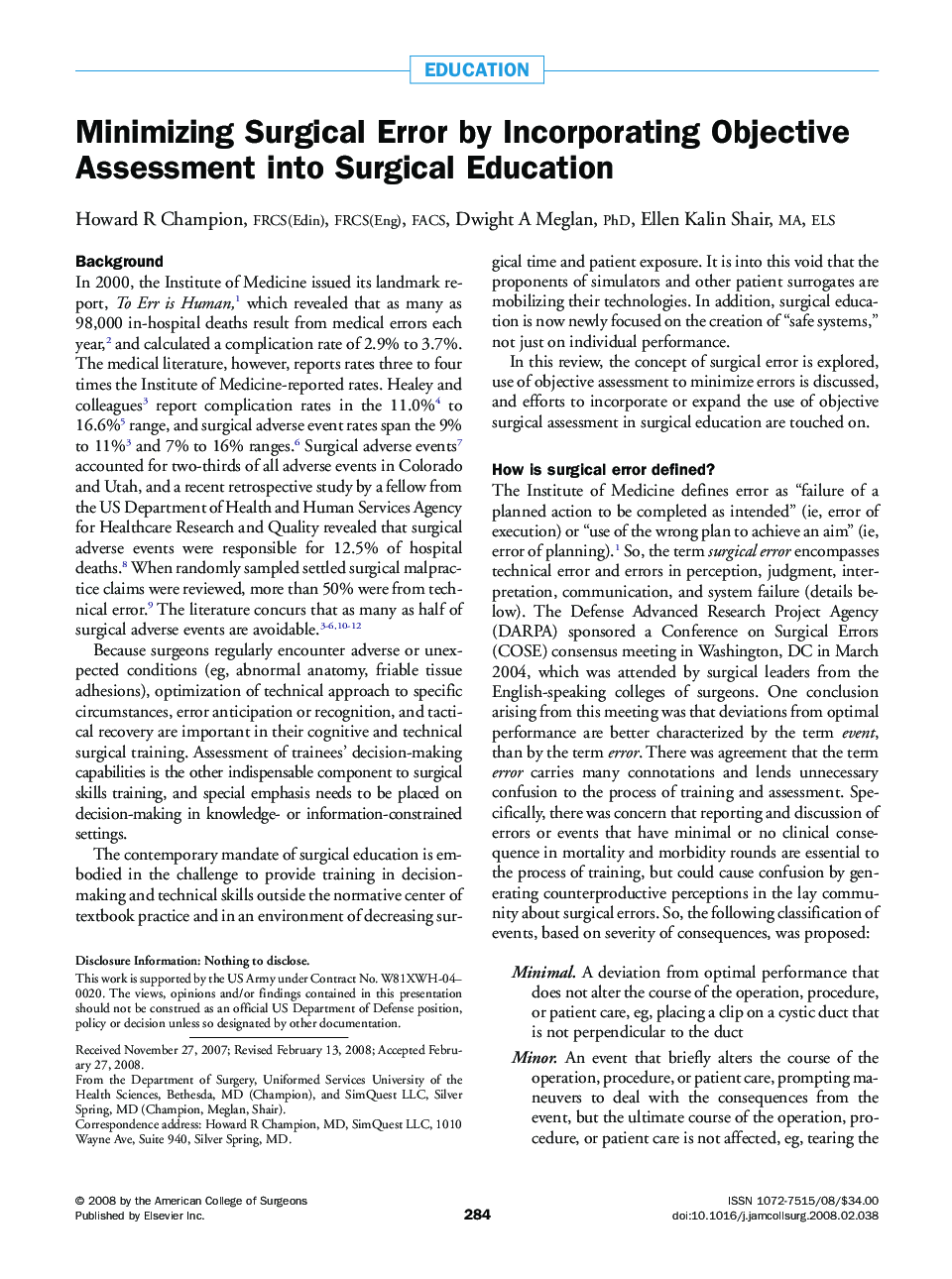 Minimizing Surgical Error by Incorporating Objective Assessment into Surgical Education