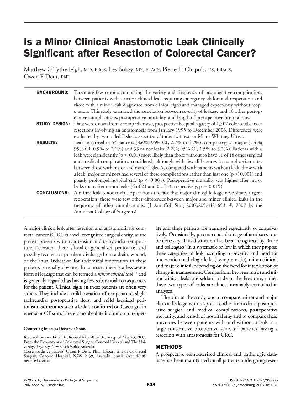 Is a Minor Clinical Anastomotic Leak Clinically Significant after Resection of Colorectal Cancer? 