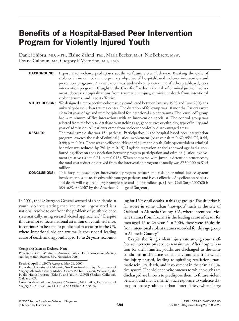 Benefits of a Hospital-Based Peer Intervention Program for Violently Injured Youth 