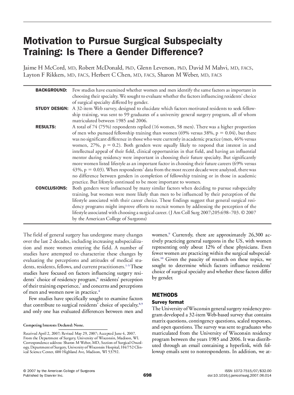 Motivation to Pursue Surgical Subspecialty Training: Is There a Gender Difference? 