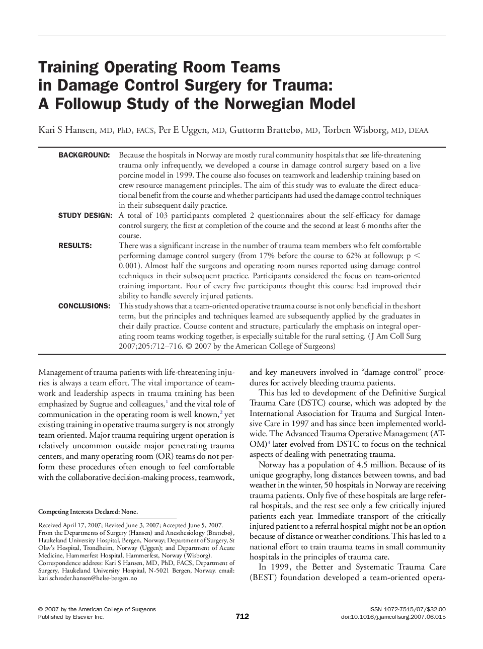 Training Operating Room Teams in Damage Control Surgery for Trauma: A Followup Study of the Norwegian Model 