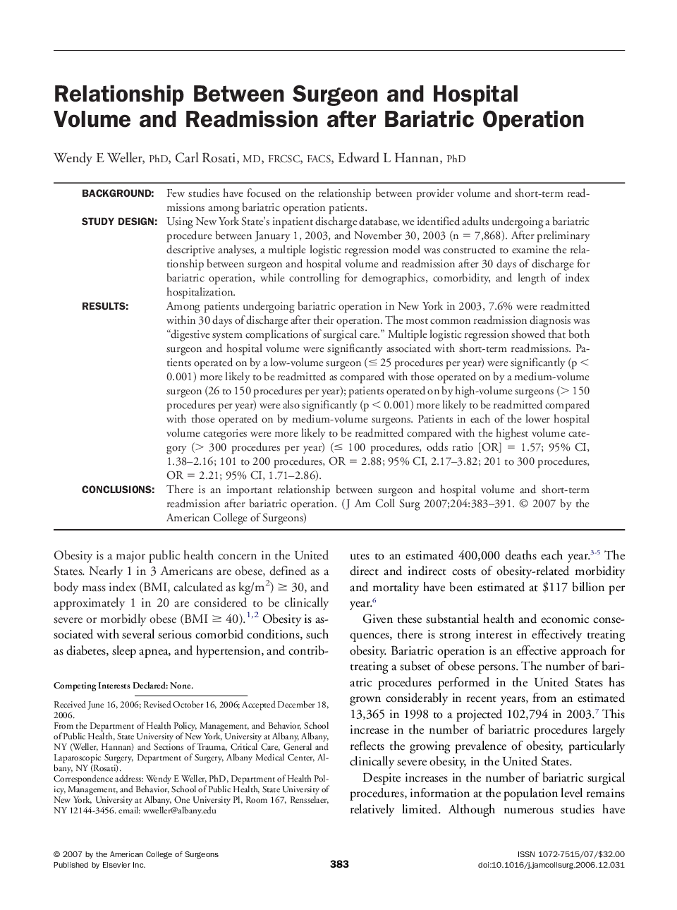 Relationship Between Surgeon and Hospital Volume and Readmission after Bariatric Operation 
