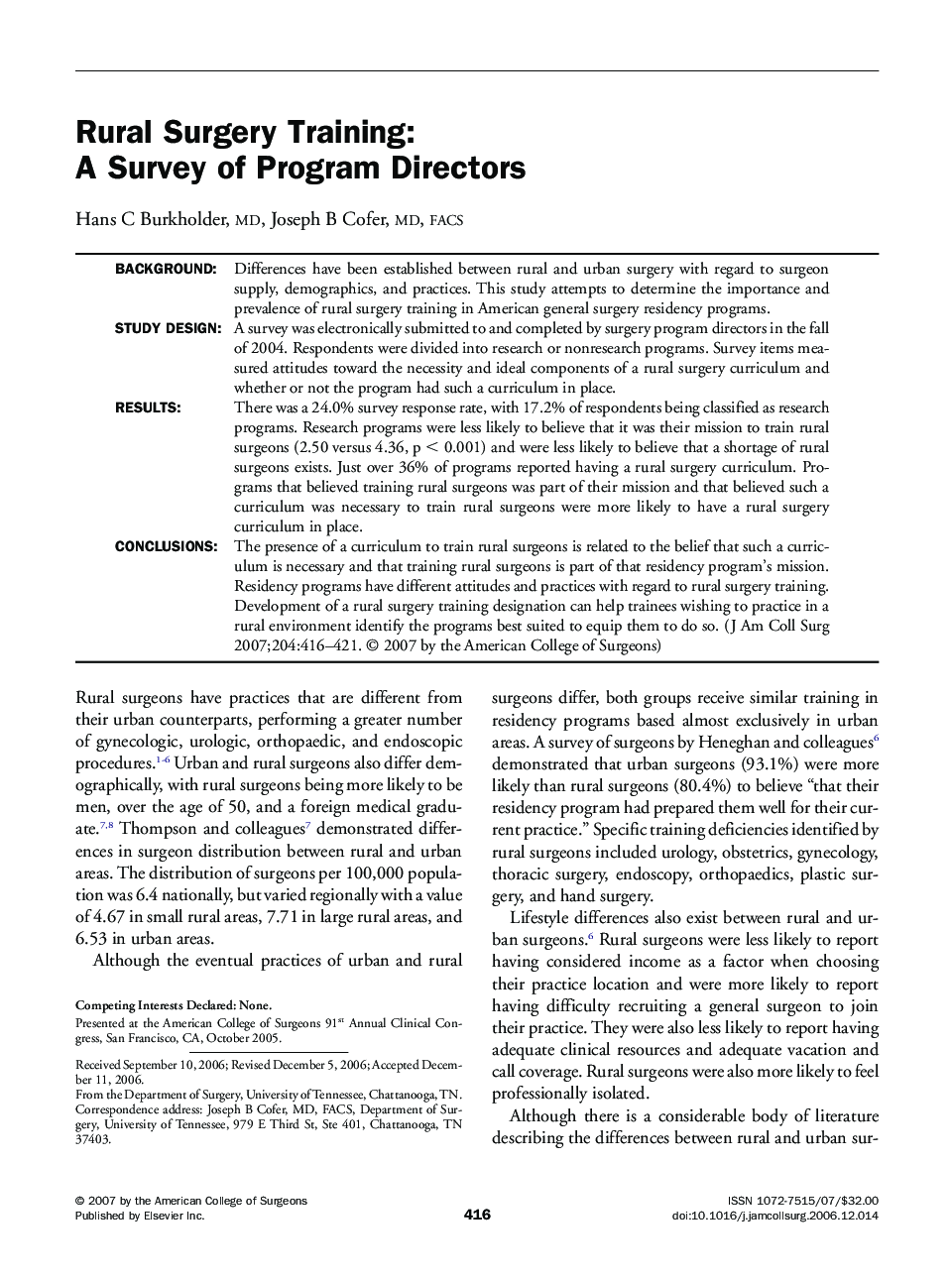 Rural Surgery Training: A Survey of Program Directors 