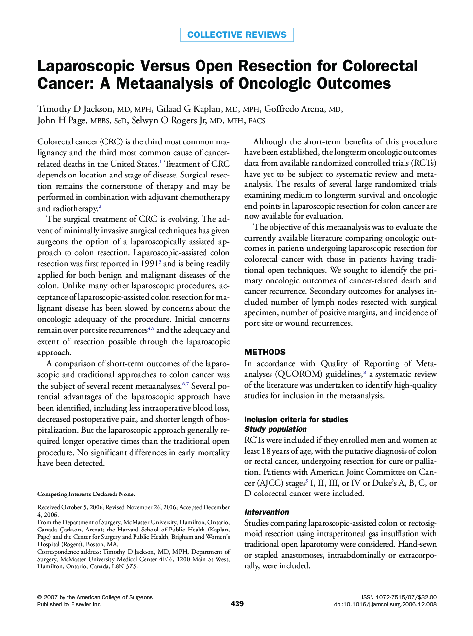Laparoscopic Versus Open Resection for Colorectal Cancer: A Metaanalysis of Oncologic Outcomes