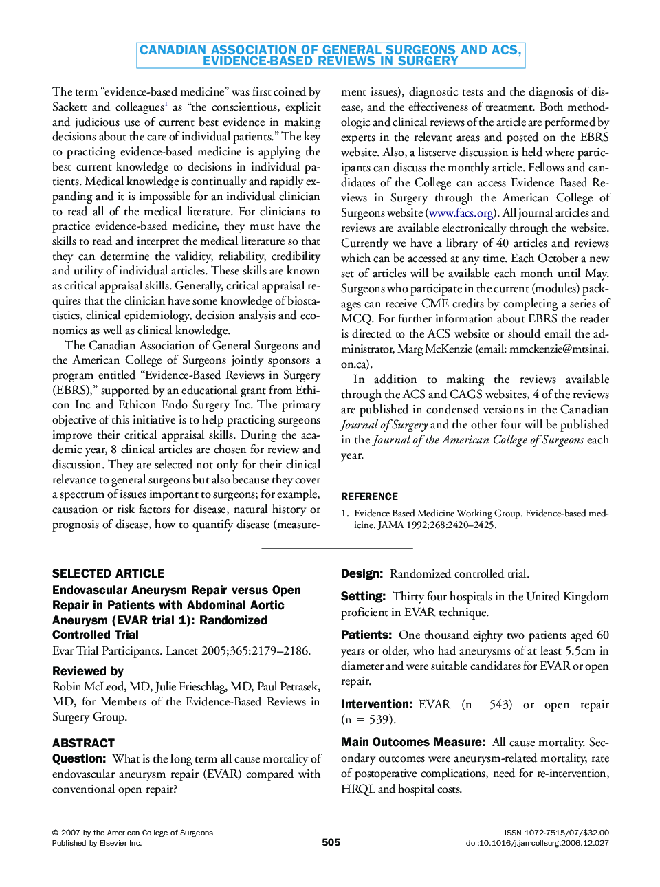 عکس صفحه اول مقاله: Evidence-Based Reviews in Surgery, March 2007 Evidence-Based Reviews in Surgery, March 2007
