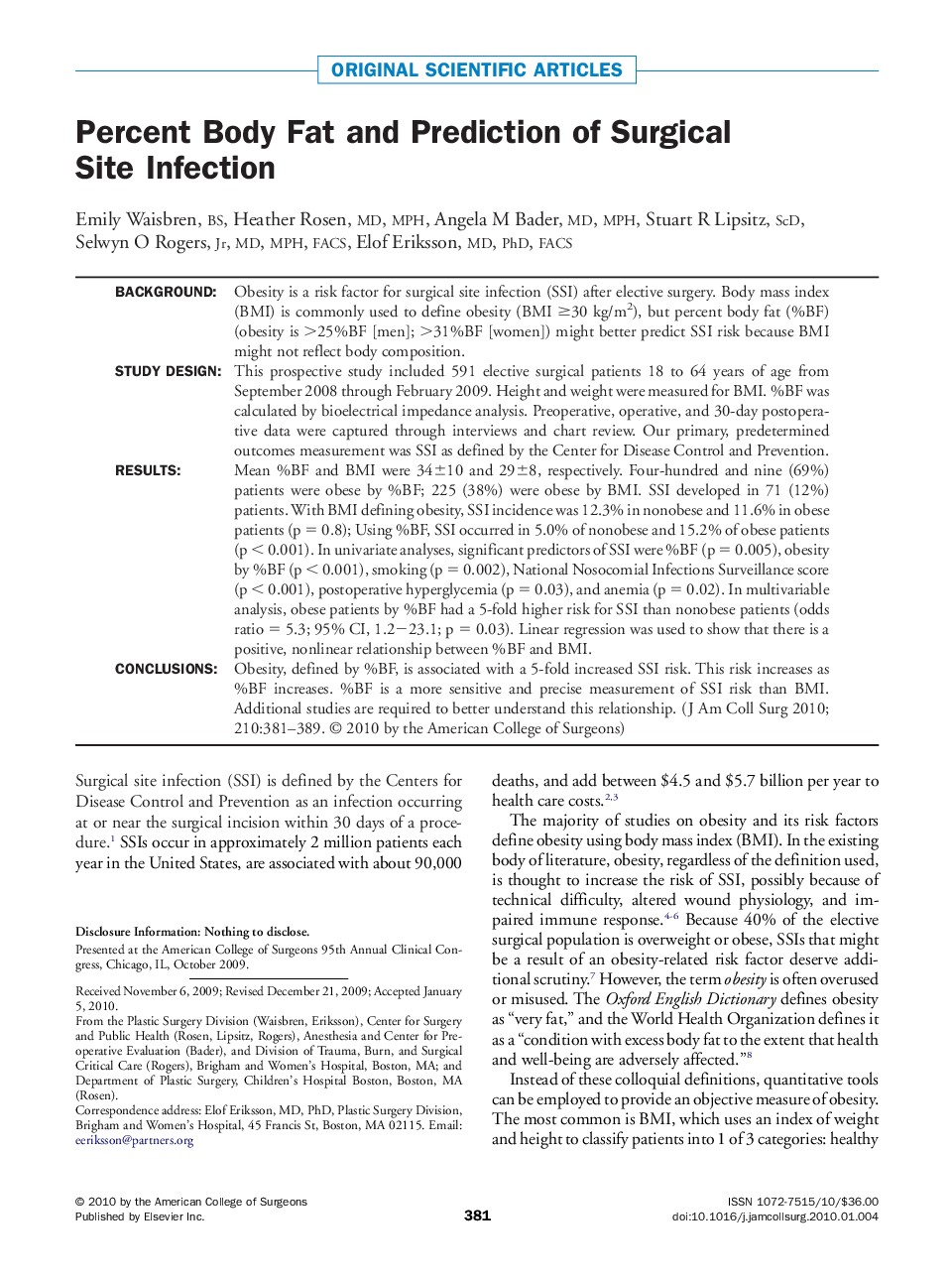 Percent Body Fat and Prediction of Surgical Site Infection 