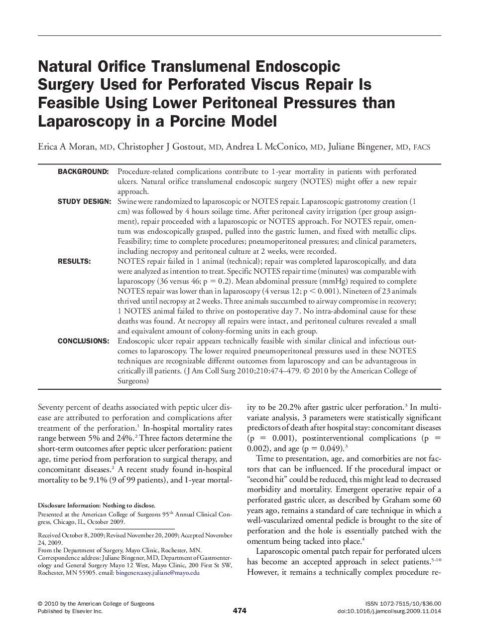 Natural Orifice Translumenal Endoscopic Surgery Used for Perforated Viscus Repair Is Feasible Using Lower Peritoneal Pressures than Laparoscopy in a Porcine Model