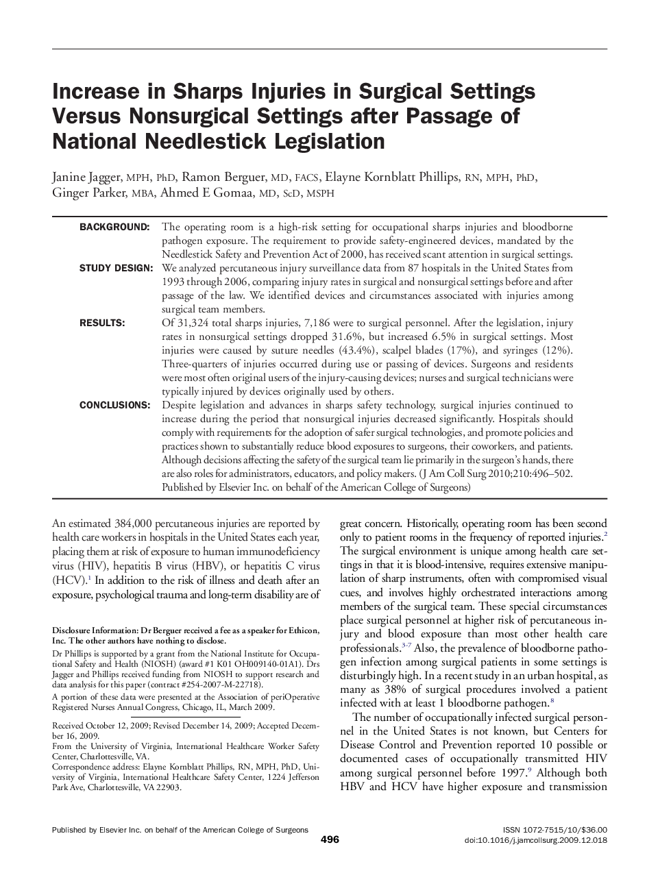 Increase in Sharps Injuries in Surgical Settings Versus Nonsurgical Settings after Passage of National Needlestick Legislation 