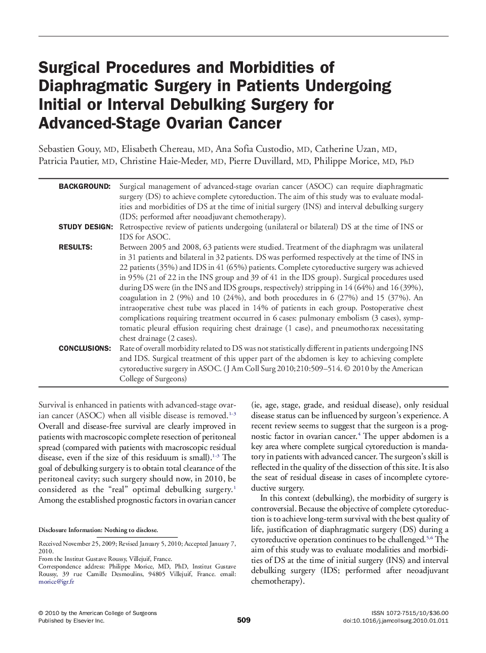 Surgical Procedures and Morbidities of Diaphragmatic Surgery in Patients Undergoing Initial or Interval Debulking Surgery for Advanced-Stage Ovarian Cancer 